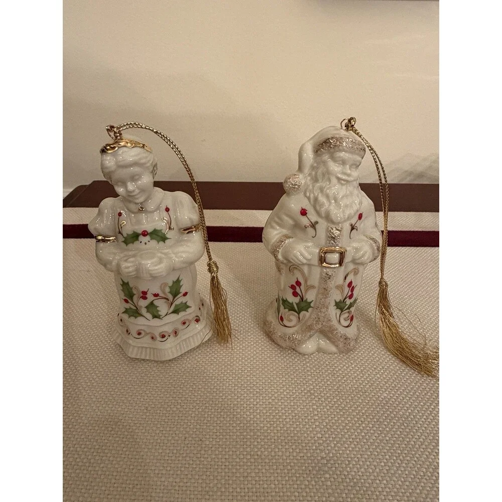Lenox Mr. & Mrs. Santa Claus Boxed Ornament Set Holly Motif Gold Trim Vintage